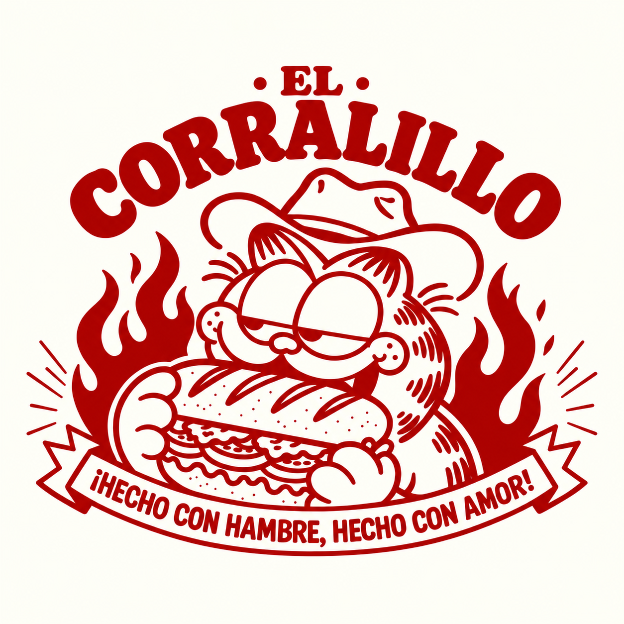 Logo oficial de El Corralillo Food: gato con sombrero vaquero, sándwich y el lema Hecho con hambre, hecho con amor